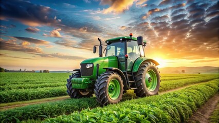 Fototapeta premium Green agricultural tractor with large wheels and a round front hood is standing in a field of green crops, farming, earthy