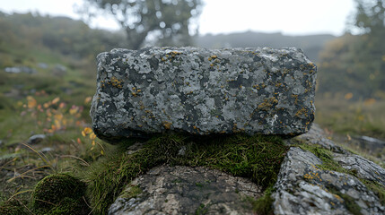 Mossy stone in misty autumn landscape, nature background