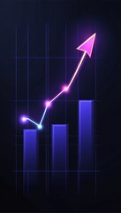 Neon Blue Chart Line Graph with Upward Arrow on Dark Background, Representing Growth and Success