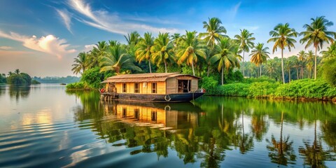 Obraz premium Houseboat floating on serene backwaters of Alappuzha with lush greenery surrounding it, Nature Escape, Greenery Surrounding