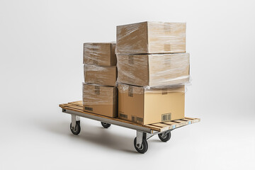 A stack of cardboard boxes on a cart. The boxes are covered in plastic wrap. The cart is on a white background