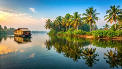Fototapeta premium Gentle Morning Light on Alappuzha Backwaters, alappuzha india, tranquil scene
