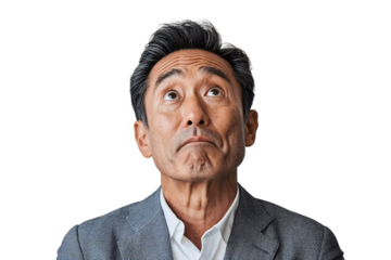 Pensive reflection of a middle-aged man studio setting portrait close-up contemplating life choices