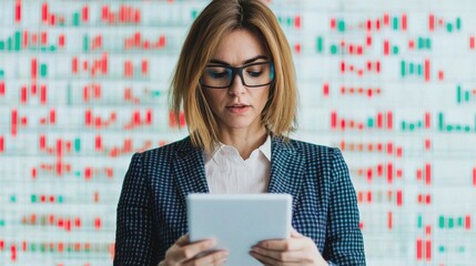 Hand Holographic bar stock Business Tablet concept. Business Professional Using Futuristic Tablet for Data Analysis and Financial Insights