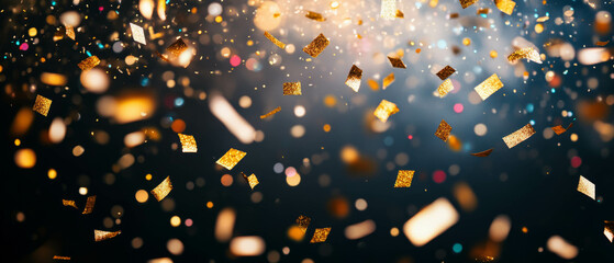 Falling gold confetti creates a festive atmosphere against a shimmering black background
