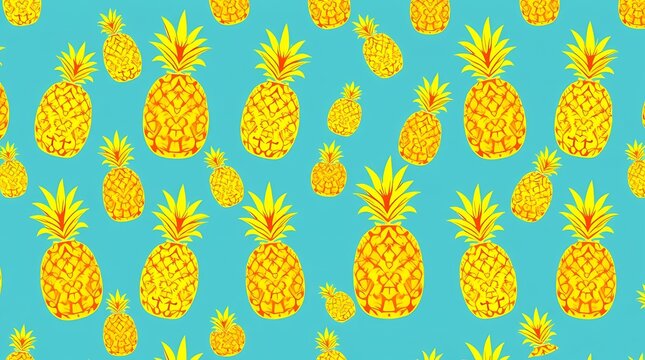 A seamless pattern of retro-styled pineapples in vibrant sunshine yellow and turquoise, rendered in a pop art style with a bold graphic approach, using clean lines and solid colors.