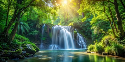 Fototapeta premium Serene waterfall amidst dense foliage, with sunlight filtering through leafy trees and casting dappled shadows on the forest floor, natural beauty, forest scenery