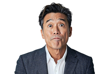 Surprised man expressing emotions in a studio environment portrait photography neutral background engaging viewpoint captivating expressions