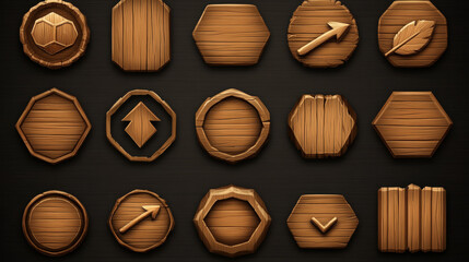 Fototapeta premium Realistic set of wooden game buttons sprite sheet isolated on background. Vector illustration of wood texture menu frames, progress bars, nameplates, round, hexagonal and arrow icons for gui design