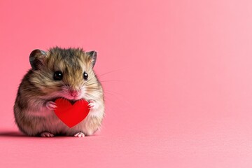 Adorable hamster holding red heart on pink background