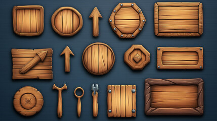 Naklejka premium Realistic set of wooden game buttons sprite sheet isolated on background. Vector illustration of wood texture menu frames, progress bars, nameplates, round, hexagonal and arrow icons for gui design