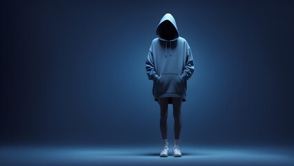 Mysterious figure in an oversized blue hoodie and white sneakers stands against a dark blue background.