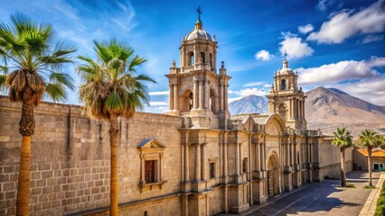 Fototapeta premium Ancient stone walls of the Cathedral of Arequipa in Peru's Andean highlands, church, cathedral, church