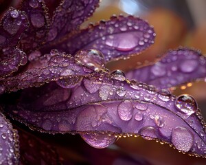 Water droplets on a purple flower petal with intricate details and soft reflections.