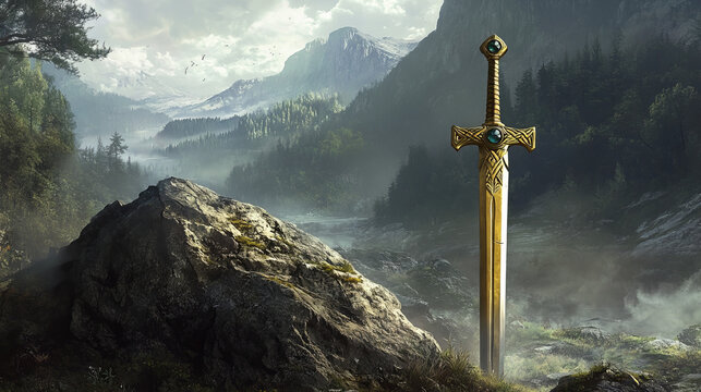 Sword in stone, Arthur king excalibur weapon stuck in rock, game design elements with medieval or magic steel blade with gem stone on handle, camelot legend or myth, Cartoon vector illustration, set