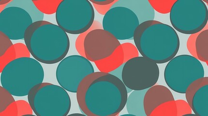 A seamless pattern of stylized, overlapping circles in shades of deep teal and coral, created using digital painting techniques, reminiscent of mid-century modern design, repeating inf.