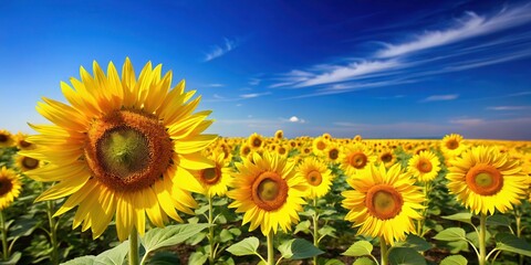 Fototapeta premium Field of bright yellow sunflowers under a clear blue sky, natural, peaceful, natural, peaceful, countryside, landscape, yellow