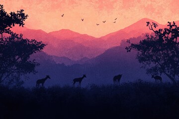 Fototapeta premium Silhouette Wildlife Against Sunset Mountain Landscape