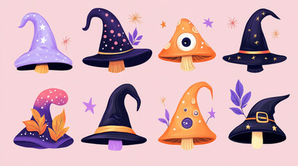 Witch hats cartoon vector set. Wizard headwear, magician caps decorated with mushrooms, plant branches, leaves, eyeball or star. Halloween party costume for sorceress or astrologer isolated collection
