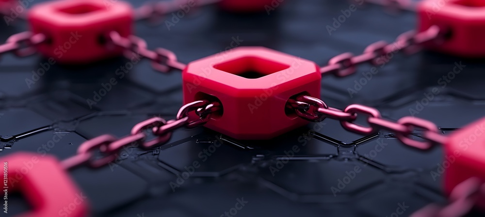 Poster interconnected red cubes linked by chains on a dark hexagonal surface