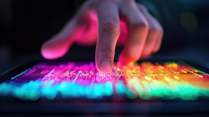Fototapeta premium Hand Holographic bar stock Business Tablet concept. Holographic Bar Visualization Emerging from Surreal Colorful Digital Projection