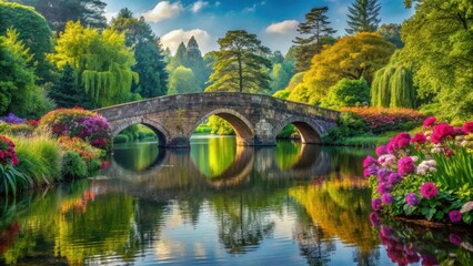 Fototapeta premium Ancient stone bridge spanning over serene lake waters in lush greenery surrounded by towering trees with vibrant flowers , peaceful atmosphere, medieval bridge