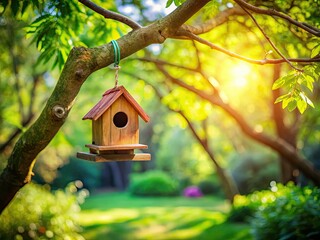 Charming miniature birdhouse perched on a tree, tilt-shift photography captures a whimsical park scene.