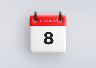 3D calendar icon with date 8 February on grey background. Vector schedule symbol.