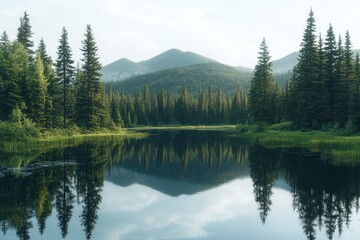 A secluded mountain lake surrounded by tall pine trees, the still waters reflecting the surrounding landscape in perfect clarity.