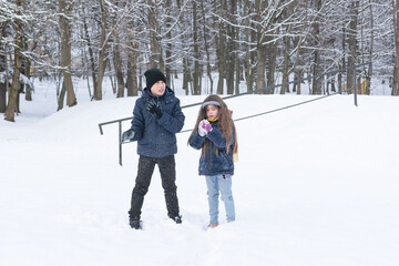 A boy and girl enjoy a snowy day in a winter park. They are dressed warmly and appear to be having...