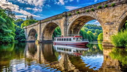 Fototapeta premium River Cruise Under Ancient Arch Bridge, historic landmark