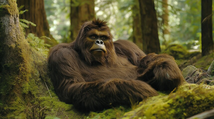 Obraz premium Gorilla resting on mossy ground in forest habitat. Ideal for wildlife conservation and primate behavior documentation.