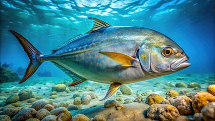 Naklejka premium Close-up macro photography reveals vibrant Trevally amidst the ocean's depths, showcasing underwater wildlife.
