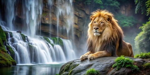 Lion sitting majestically by tranquil waterfall in the wild, Nature, Wildlife,  Nature, Wildlife, Savannah, Jungle