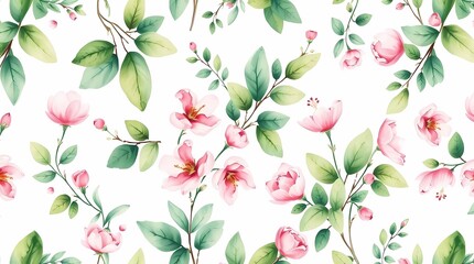 A seamless watercolor pattern of delicate botanical illustrations featuring lush greenery and soft pink blossoms, painted in a loose impressionistic style, set on a white background.