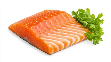 Fresh Raw Salmon Fillet with Green Parsley on White Background