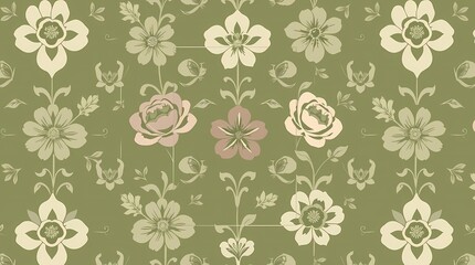 A sophisticated seamless pattern composed of elegant floral motifs in a vintage style, using a subdued color palette of muted greens, purples, and creams, showing a delicate repeating .