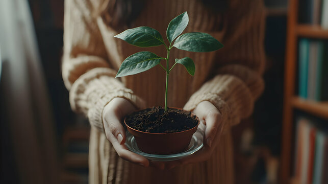 Woman holding sapling, home library background, new life, growth