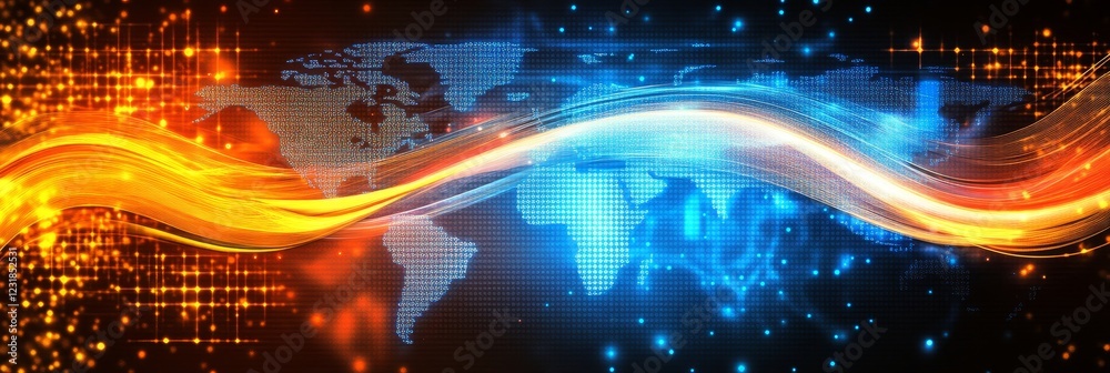 Poster global financial data pixelated world map with flowing light trails abstract tech background.