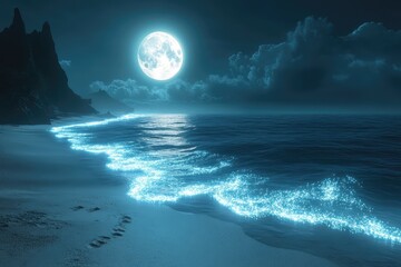 A serene beach with sand made of glowing particles, under the light of a digital moon.