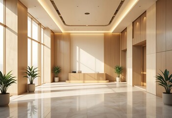 Modern minimalist office lobby design with wood paneling and plants