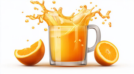 Splashing orange juice with drops in glass isolated on white background, fresh fruit beverage splash, yellow liquid in transparent mug, design elements for advertising Realistic 3d vector illustration