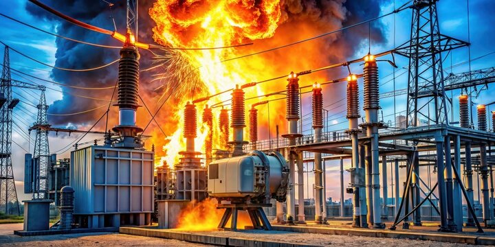 Detailed explosion of a transformer at high-voltage insulator in power plant, flames engulfing electrical equipment , electrical failure, energy crisis