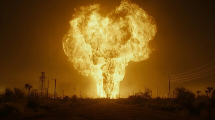 Fototapeta premium Nighttime oil refinery fire, desert landscape