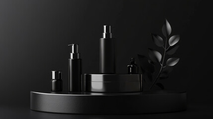Fototapeta premium 3d black studio luxury podium and product stand. Abstract dark mockup with stage on floor and minimal space for presentation. Premium silver or steel trendy realistic pedestal design to show cosmetic.