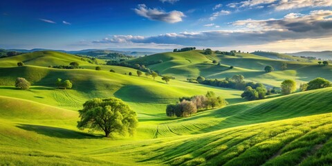 Obraz premium Rolling hills with lush green vegetation and a few trees under a clear blue sky , nature, foliage, nature, foliage
