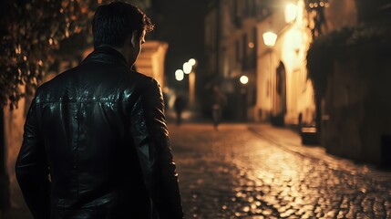 A man in a leather jacket walking on a cobblestone street at night, under streetlights