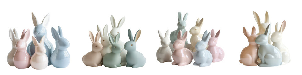 Obraz premium Assorted Decorative Easter Bunny Figures in Pastel Colors Minimalist Ceramic or Porcelain Rabbit Figurines Arranged as Still Life Home Decor or Photography Prop