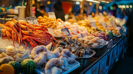 Street food market at night - cartoon vector of stalls with fresh fish, farm fruits and vegetables and honey in city park under moonlight. Outdoor marketplaces with awning sell organic products.