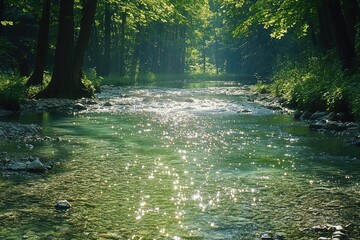 A serene forest glade with a clear stream flowing through it, the sunlight dancing on the water creating a sparkling effect.